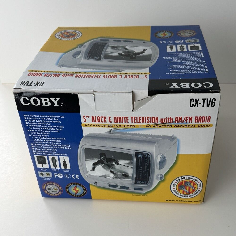 Coby 5” Black & White Television Never Opened NOS With AM/FM Radio For Car Boat